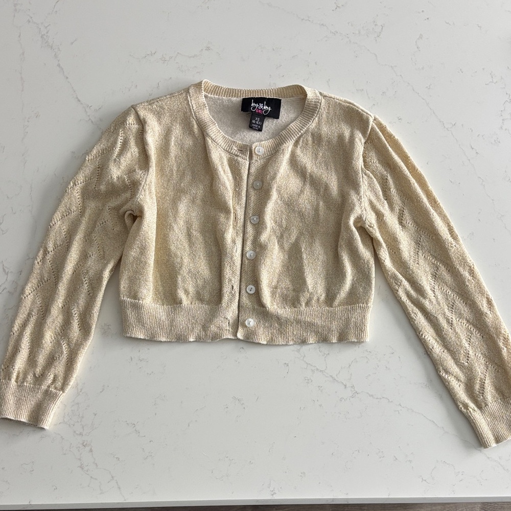By & By Light Cream and Gold Button-Up Cardigan - Girls XS (6-6X)